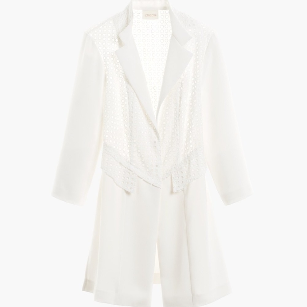 CHICO'S TOPPER EYELET NOVELTY 3/4 SLEEVE JACKET